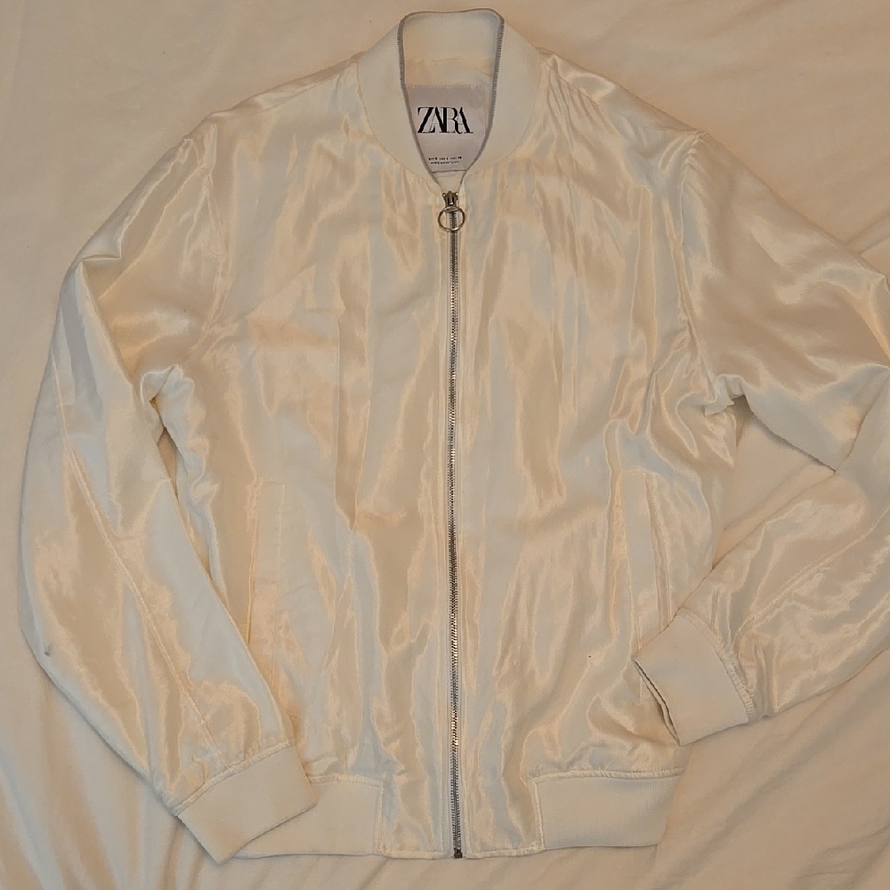Zara White Satin Bomber Jacket